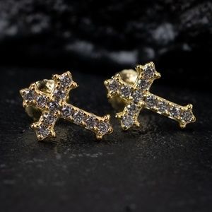 Men's Elegant Small Gold Sterling Silver Iced Cross Stud Screw Back Earrings